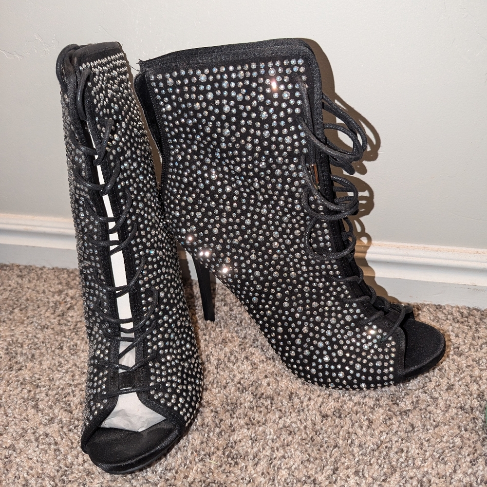 Rhinestone black lace-up booty